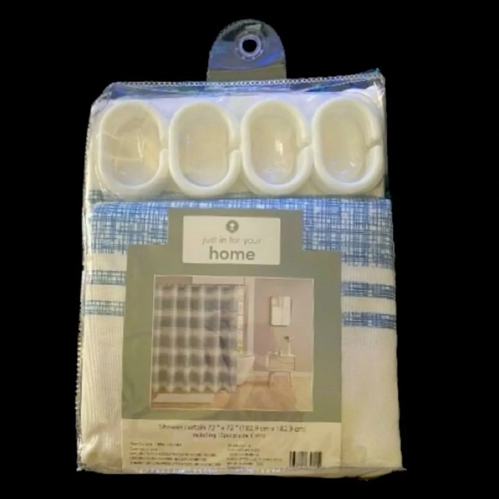 NWT-JUST IN FOR YOUR HOME-BLUE AND WHITE SHOWER CURTAIN WITH WHITE HOOKS